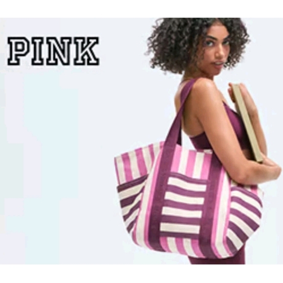 NWT Victoria's Secret Pink Striped Carry On Large Canvas Zipper Beach Tote - Picture 2 of 11